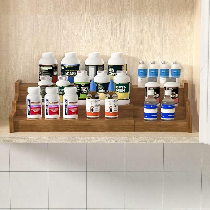 Bamboo Spice Rack Cabinet Organizer - 3 Tier Wooden Expandable Walnut Display Shelf - Image 3