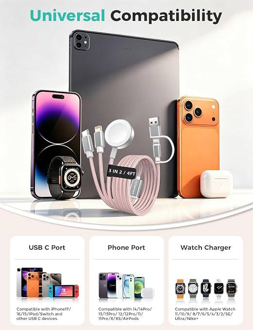 Travel Essentials,3 in 2 USB C Cable for Apple Watch Charger,iPhone Charger,Multi Charging Cable,Cruise Vacation Camping Essentials,Portable for iWatch Series 11-2/Ultra/SE & iPhone 17-12,Car,Pink - Image 3