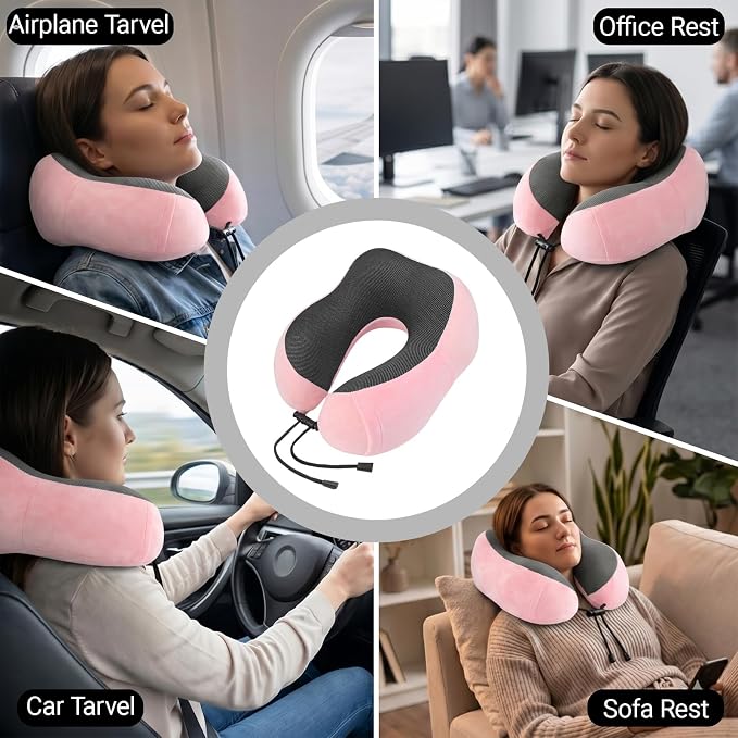 Travel Neck Pillow, 100% Memory Foam, U-Shaped with Storage Box, Pink | 100% memory foam with 360-degree support & adjustable buckle. Compact storage box. Machine washable cover. Fits all necks. - Image 4