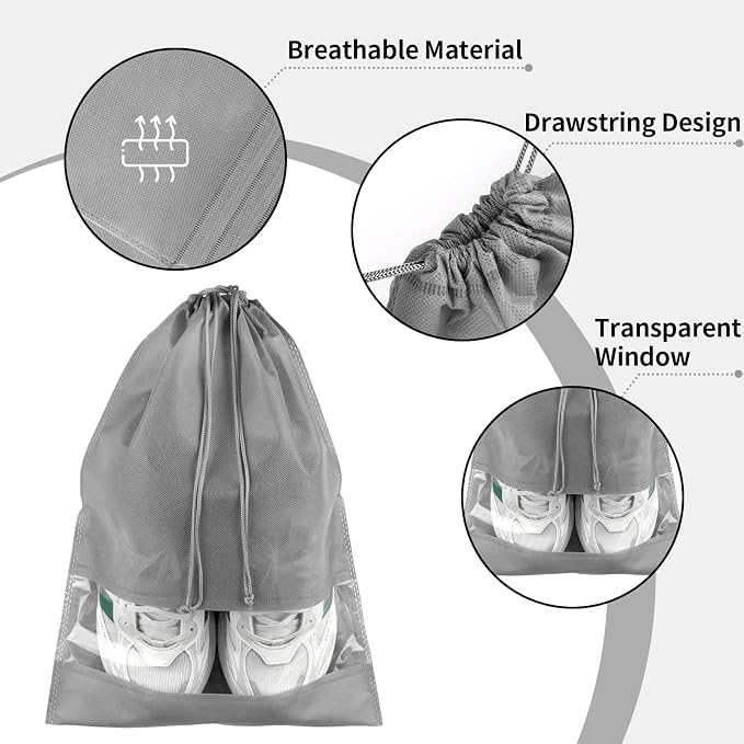 12 Pack Shoe Bags for Travel, Large Travel Shoe Bag for Packing with Window | Dustproof Drawstring Travel Shoe Storage Bags Travel Essentials for Men & Women, Grey - Image 3