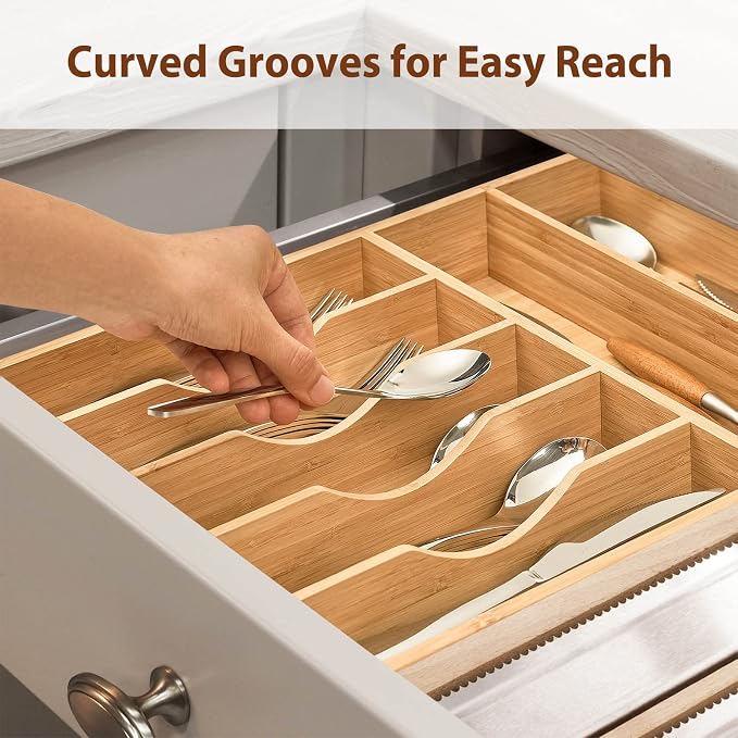 Bamboo Kitchen Drawer Organizer, 13 Inch Silverware Utensil Tray Holder, Extra Deep Grooved Drawer Divider, 7 Slots Total Bamboo Wood Caddy for Flatware Cutlery Knives, Forks, Spoons - Image 6
