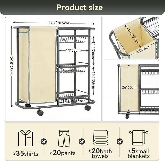 Narrow Laundry Cart with Wheels, 3 Baskets and 45L Laundry Bag | Metal Rolling Cart for Small Space, Laundry Room Organization and Storage, for Bathroom Living Room Apartment Dorm - Image 2