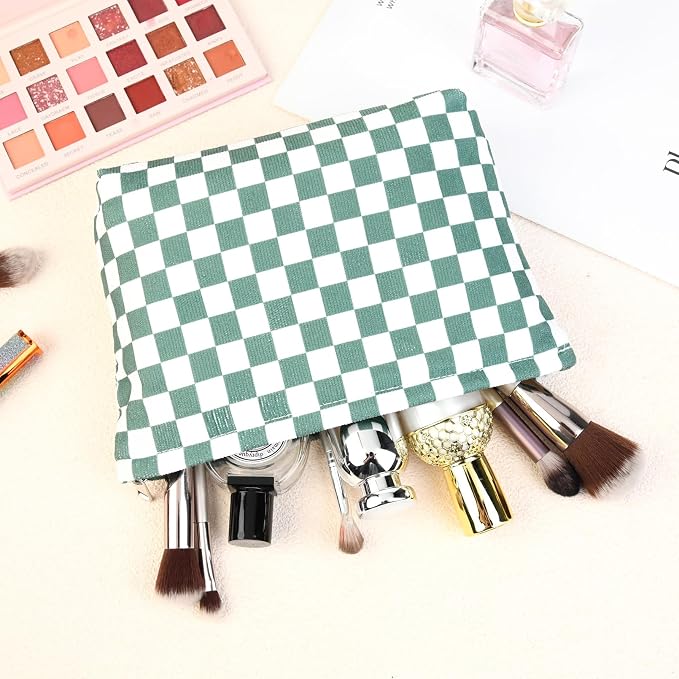 SOIDRAM 2 Pcs Checkered Makeup Bag Large Cosmetic Bag Toiletry Bag Makeup Pouch Travel Bag Organizer Cute Makeup Brushes Aesthetic Accessories Storage Bag for Women Olive Green - Image 7