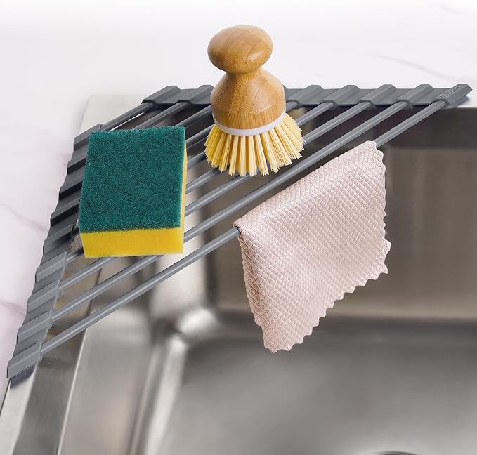 Tomorotec Roll Up Dish Drying Rack with Silicone Coating, Deep Gray | 304 Stainless Steel with BPA-Free Silicone, Triangle Design Maximizes Sink Corner Space, Fits Compact Kitchens And RVs by Tomorotec