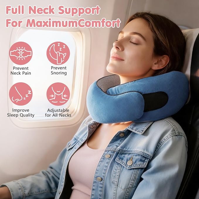Memory Foam Neck Pillow,2026 World Cup Travel Pillow,Neck Pillow Airplane with Eye Mask & Ear Plugs,Memory Foam 360 Degree Support Stowable Pillows for Airplanes Offices and Cars (Blue) - Image 2