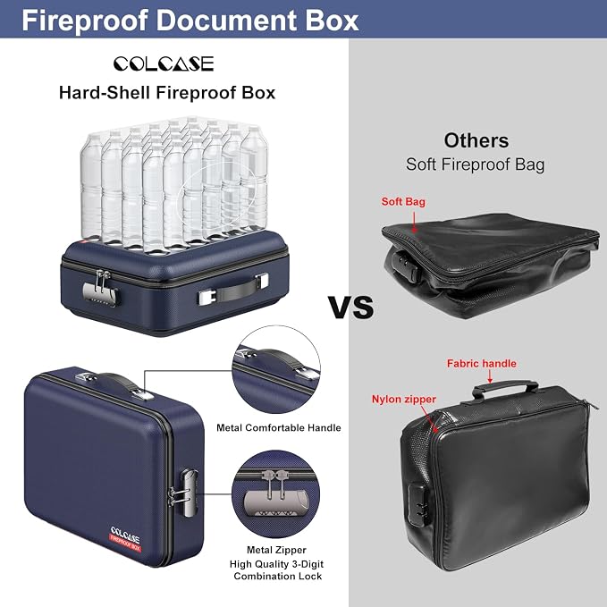 Fireproof Document Box with Lock, Hard Fireproof Document Organizer | Hard-Shell Fireproof Waterproof Safe Box with Combination Lock Blue - Image 3