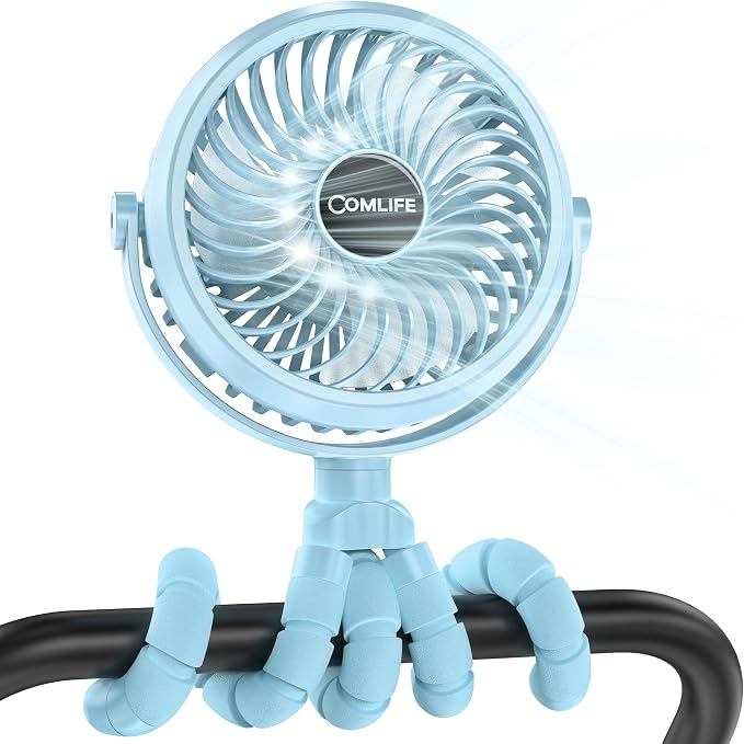COMLIFE Baby Stroller Fan With Light, Rechargeable Battery Operated, Max 10Hrs Cooling, 3 Speeds, 360° Rotate USB Desk Fan, Flexible Tripod Clip On Fan for Stroller Car Seat Crib Treadmill Golf Cart by COMLIFE