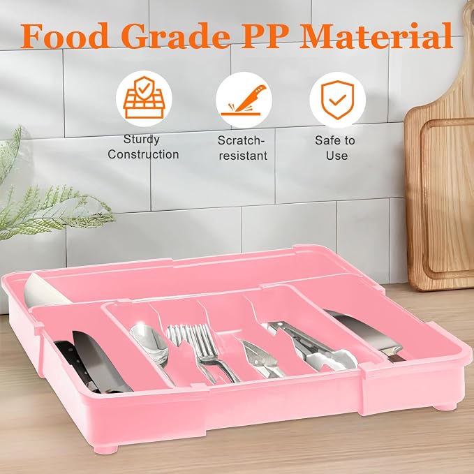 Silverware Organizer - Expandable Silverware Drawer Organizer, Adjustable Drawer Organizer, Silverware Tray for Drawer 15.2"x 19" Utensil Drawer Organizer, Kitchen Organizers Storage, Pink - Image 9