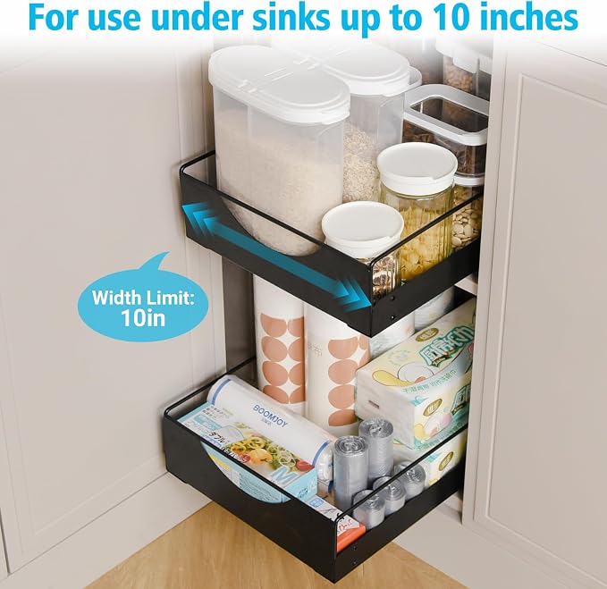 Under Sink Pull Out Organizer, Single-Tier Metal Drawer Slide Out Storage Shelf, No-Drill Nano Adhesive Installation, Fits 16"+ Deep Cabinets for Kitchen Bathroom Pantry Storage - Image 4