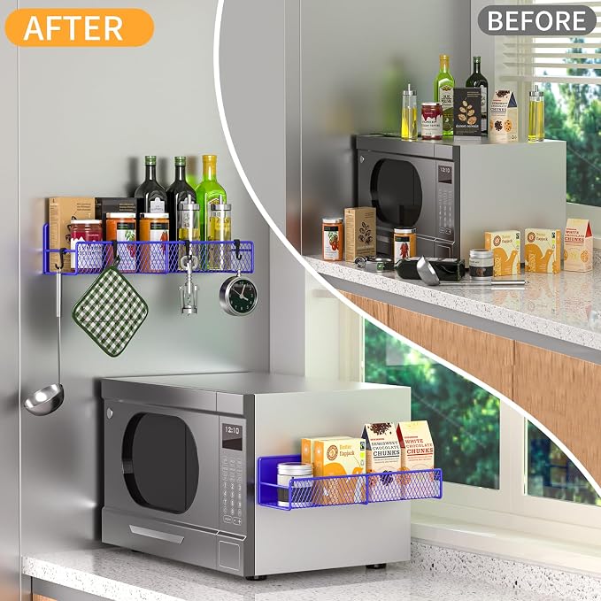 Magnetic Spice Rack for Refrigerator, 2 Pack 100% Metal Strong Magnet Shelf, Space Saving Spice Organizer W/ Hooks, Movable Magnetic Fridge Shelf, Kitchen Home Laundry Storage Organization,Purple Blue - Image 5