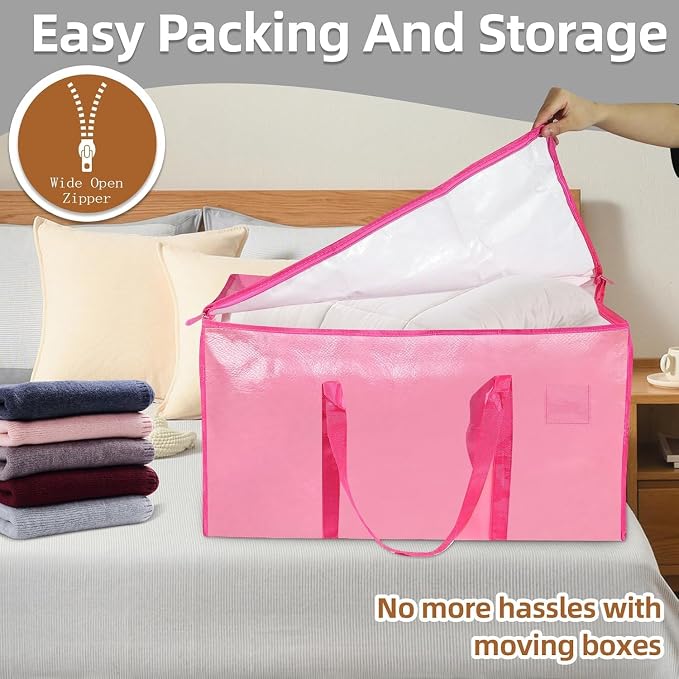 16 Pack-Extra Large Heavy Duty Moving Bags - Waterproof Storage Totes with Handles & Zippers, Foldable for College Dorm, Storage (Pink) - Image 5