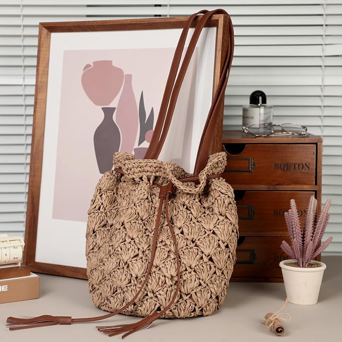 Tavaleu Straw Beach Bags for Women Tote Handbag Shoulder Hobo Bucket Bag | Lightweight, Foldable, PU Straps, Magnetic Closure, Zip Pocket, Reinforced Bottom, Summer Purse, Travel, Vacation, Daily Use - Image 3