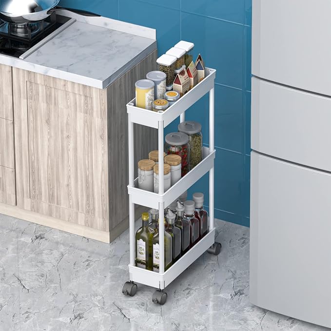 Sooyee Slim 3 Tier Rolling Cart with Wheels, Storage Cart,White | Under Desk Narrow Rolling Utility Cart Storage Organizer for Office Bathroom Kitchen Laundry Room Narrow Places - Image 4