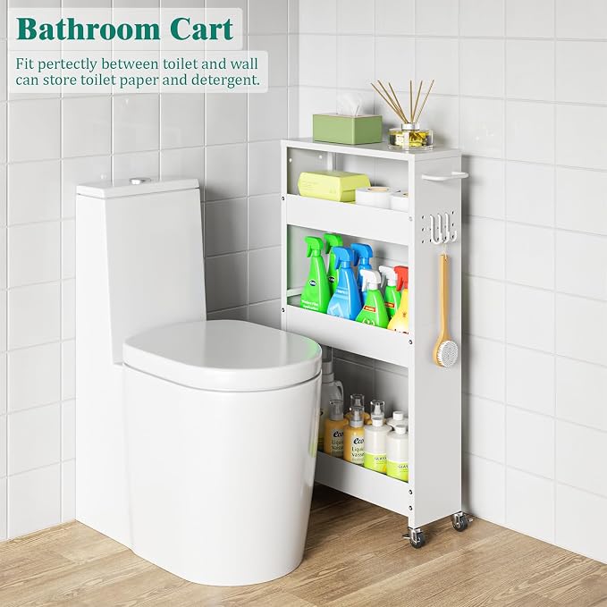 XYZLVSI Slim Storage Cart, Narrow Kitchen Rolling Cart for Small Spaces | 5.9" W skinny storage cart, 12.4" bottom metal utility cart with 360° swivel wheels for bathroom/laundry, slim shelf, white - Image 8