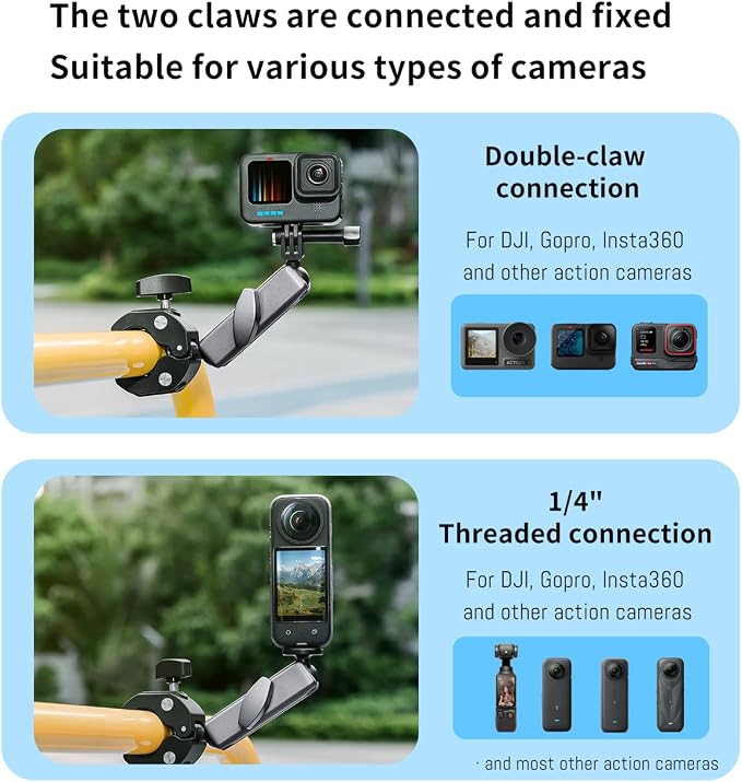Clamp Camera Mount, Bike/Bicycle/Motorcycle Handlebar Mount for DJI camera | Action 6/5 Pro/4 3/Osmo Nano/Hero 13 12 11 10 9 8 7/Insta 360 X4 X5, with 360° Dual Ball Head, 1/4" Thread Interface Arm - Image 3
