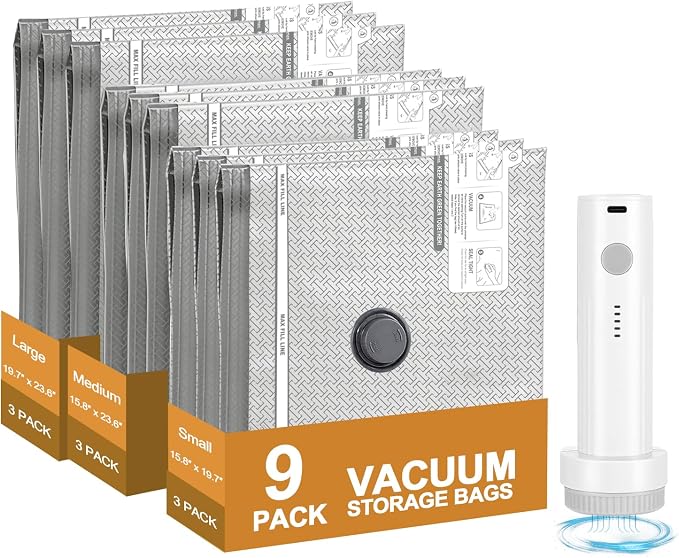 Vacuum Seal Bags for Clothing Travel, with Electric Pump 9-Pack | Save 80% luggage space. Tear-resistant PA+PE. Smart travel essentials replacing compression packing cubes. by Unknown