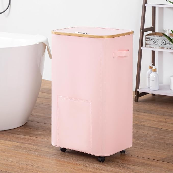 Vincona Laundry Basket with Wheels, Tall Dirty Clothes Hamper on Wheels, Rolling Laundry Hamper with lid for Dorm, Bedroom and Bathroom (Pink, 100L) - Image 5