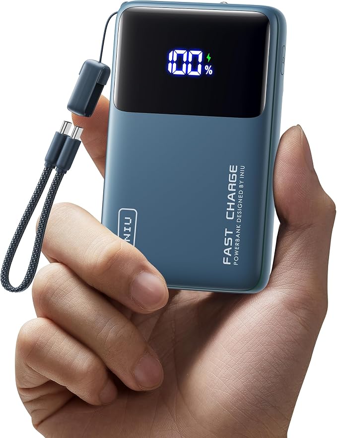 INIU Power Bank, Compact 10000mAh 45W PD Fast Charging Portable Charger | Detachable USB-C Cable, Stand, Flight-Safe, Travel, Flashlight, Battery Pack for iPhone 17 16, Samsung S26, iPad etc, Blue by INIU