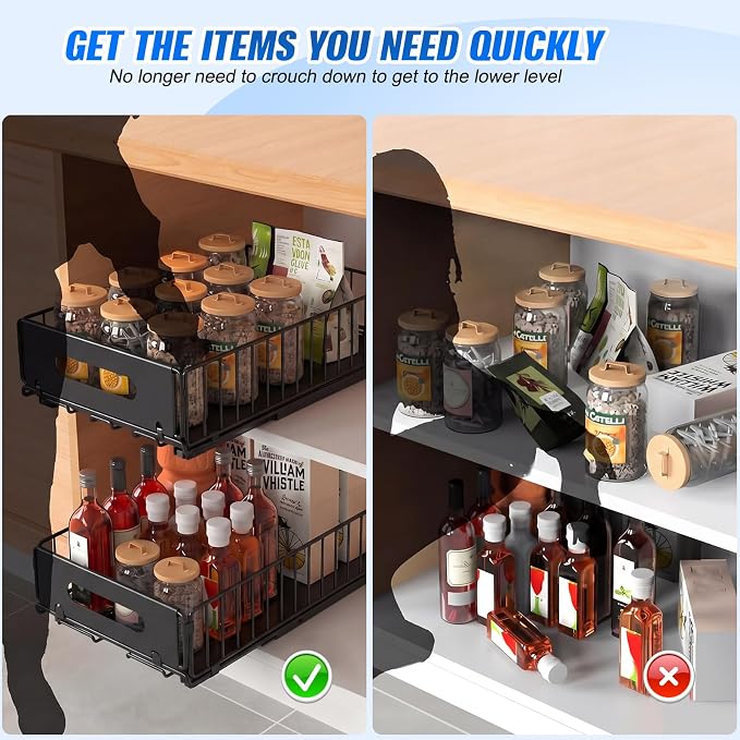 Pull Out Cabinet Organizer, No Drill Slide Out Pantry Drawer 2 Pack | Heavy Duty Carbon Steel Wire Basket, Adhesive Install, Low Profile Foldable, 9.44 x 3.54 in, Kitchen Pantry Bathroom - Image 5