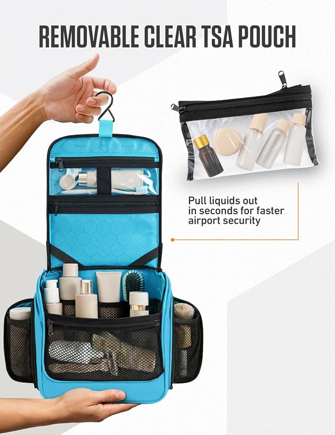 VENTURE 4TH Hanging Travel Toiletry Bag 18 Compartments - Tiffany Blue | Hangs on rails, hooks or doors; stands upright. Removable TSA pouch. Water-resistant Nylon 290D Twill, reinforced stitching. - Image 9