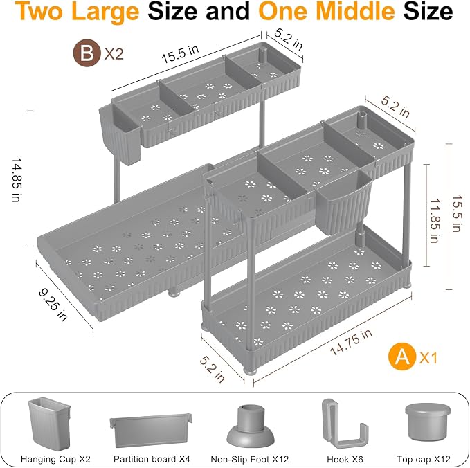 3-Pack 2-Tier L-Shaped Under Sink Organizers with Sliding Drawers | Multi-use kitchen & bathroom storage, 14.85 inch grey cabinet organizer, space-saving sliding drawer design. - Image 6