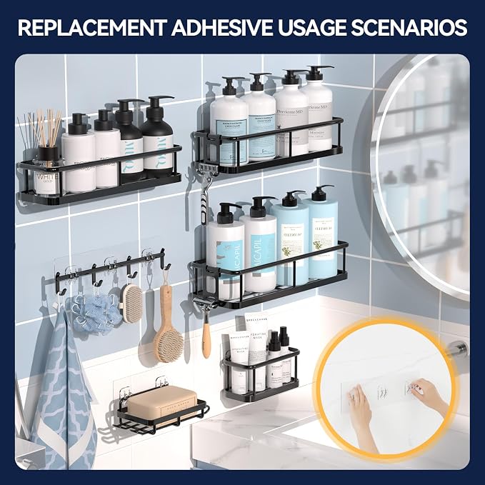 9-Pack Shower Caddy Adhesive Replacement - Transparent Shower Adhesive Strips, No Drilling Hooks for Bath Storage Shelves, Kitchen Racks, Basket & Soap Holder - Image 8