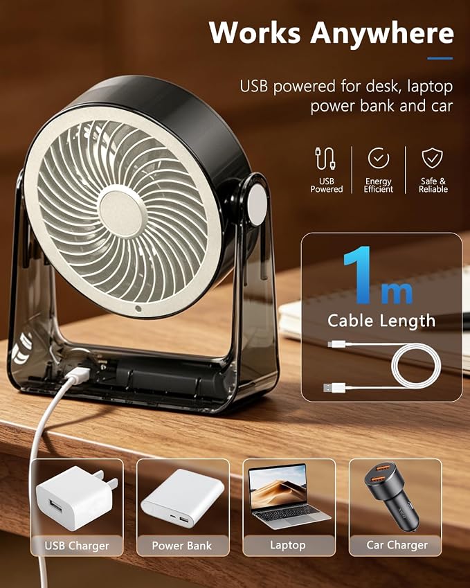 Desk Fan USB Rechargeable, Portable Small Desktop Fan with 6 Speeds Digital Display, 360° Rotation Quiet Table Fan, 4000mAh Battery Powered Fan for Bedroom Home Office Travel, White - Image 7
