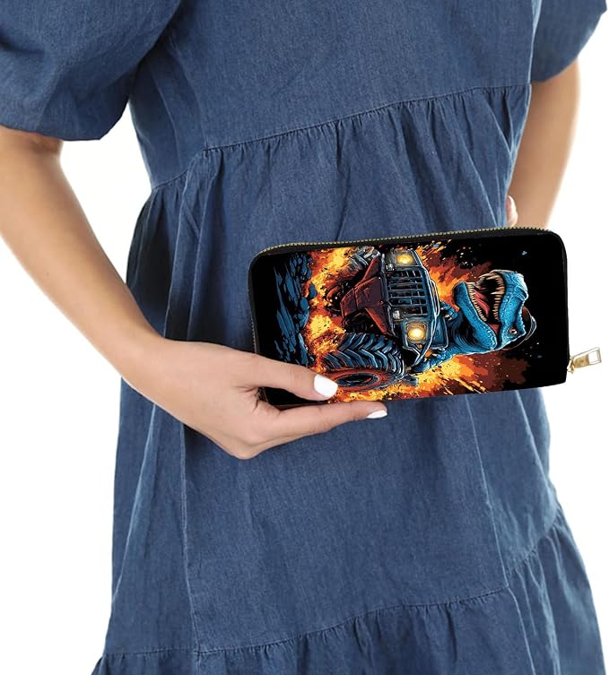 Women's RFID Blocking PU Leather Zip-Around Wallet, Large Capacity Clutch with Phone Holder, Travel Purse & Card Organizer with Removable Wristlet,Dinosaur in Monster Truck - Image 6
