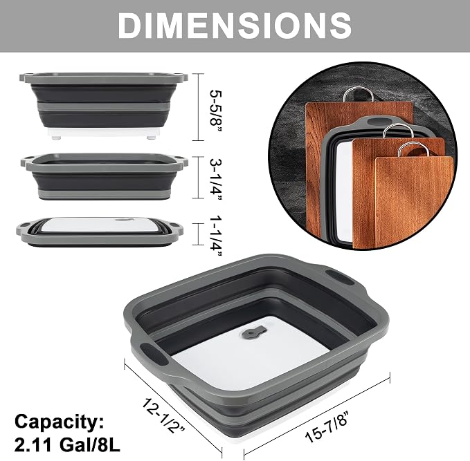 Collapsible Cutting Board with Container, Foldable Camping Sink with Colander, BBQ Prep Tub with Lid, Multifunction Dish Basin for Kitchen, Bowl, Vegetable and Fruit, 2.11 Gal/8L Storage Basket - Image 2