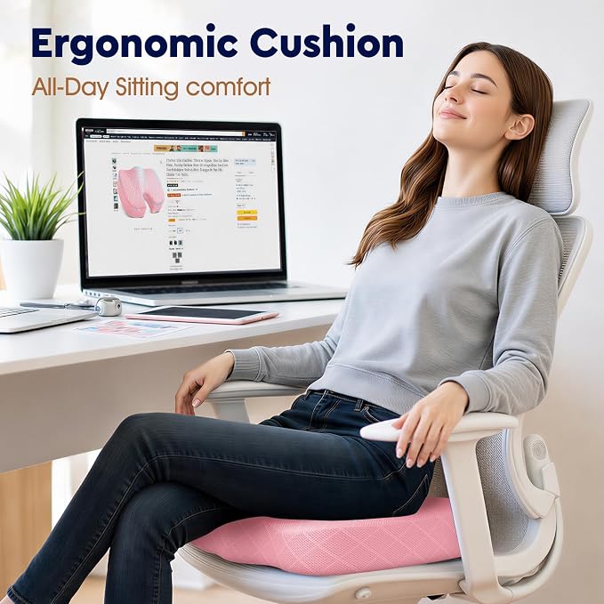 Seat Cushion, Memory Foam Office Chair Cushion - Pink, XXX-Large | for Car Seat, Airplane, Desk Chair - Sciatica & Hip & Coccyx Pain Relief Cushion for Long Sitting Office Workers, Car Drivers - Image 4