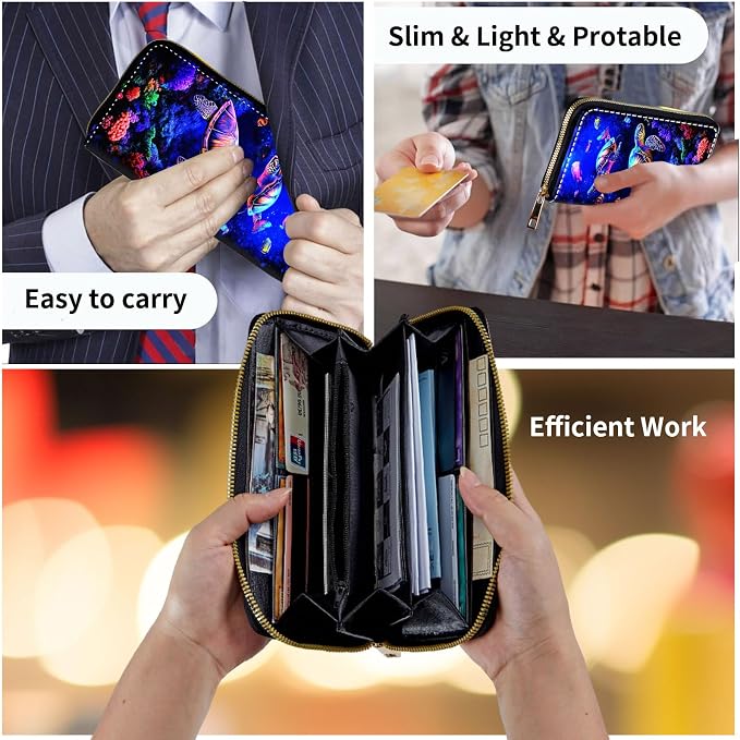 Wallet,Leather Long Wallet Suitable For Ladies And Teenagers - Detachable Wristband + RFID Travel Wallet With Card Slot - Neon Sea Turtles - Image 7