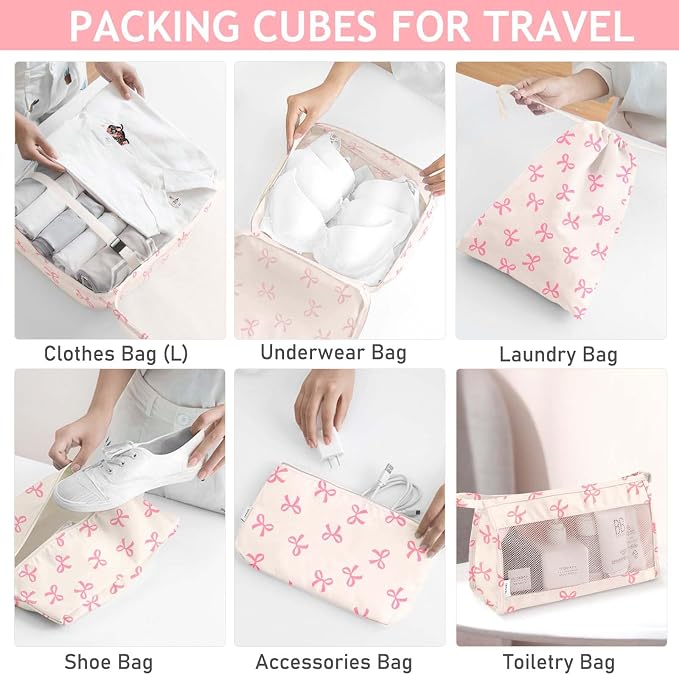 KPX 8 Set Packing Cubes for Travel, Luggage Packing Organizers Accessories Large Toiletries Bag for Clothes Shoes Cosmetics (8Set-Pink Bow) - Image 4