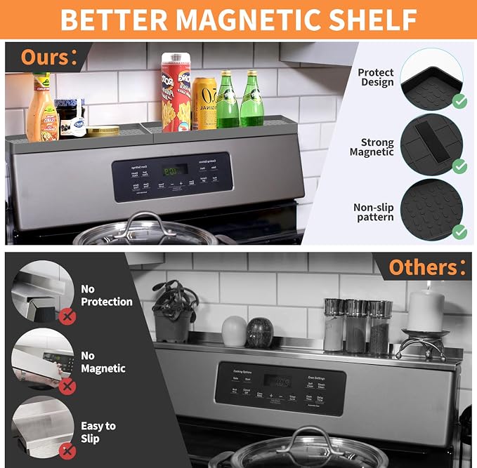 BFONS 30" Magnetic Stove Top Shelf Spice Rack Storage, Silicone Top Heat Material Stove Rack Shelf Flexible Seasoning Organizer Kitchen Shelves Gadgets with 2 Functional Prtitions for Kitchen （Grey） - Image 4