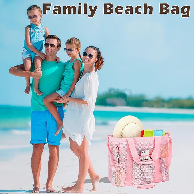 Fammart Mesh Beach Bag for Women, Large Beach Toy Pool Bag with Zipper Pocket, SandProof Cruise Essentials 2026 Family Travel - Image 2