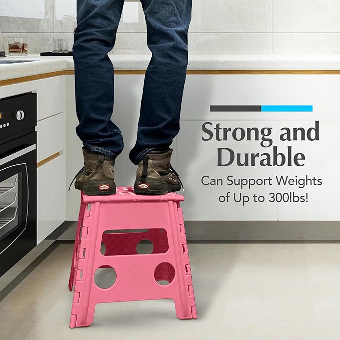 Folding Step Stool 13 Inch for Adults, Non-Slip, Holds Up to 300 lbs - Handy Laundry Foldable Stepping Stool with Handle, Lightweight Collapsible for Kitchen, Bathroom, Bedroom, Pink - Image 4