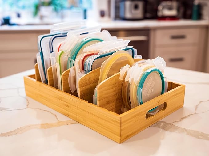 Extra Large Bamboo Food Container Lid Organizer for Kitchen Cabinet | Adjustable Slots - Tall Dividers for Large Lids - Premium Bamboo, Pretty Color - Versatile Caddy in Drawer - Anti-Skid Pads - Image 5