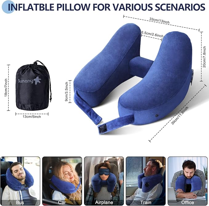 Sunany Travel Neck Pillow for Airplane Pillow Comfortably Supports Head, Neck and Chin, Inflatable Travel Pillow with Soft Velour Cover and Portable Drawstring Bag (Blue, H-Shape) - Image 2