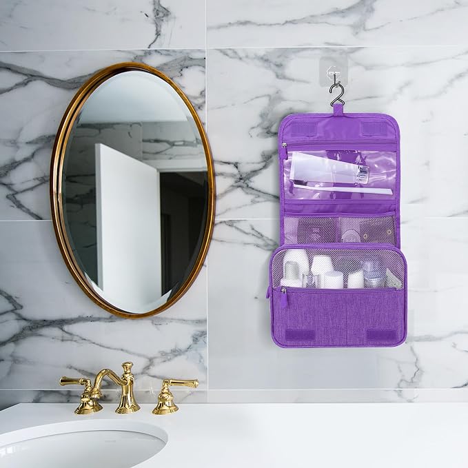 Lcsmaokin Large Capacity Toiletry Bag Travel Bag with Hanging Hook for Men and Women Waterproof Travel Cosmetic Bag Bathroom Storage Bag for Brushes Set, Full-Sized Shampoo, Toiletries, (Purple) - Image 6