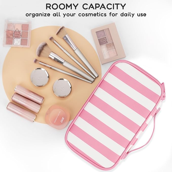 Relavel Travel Makeup Bag, Small Cosmetic Bag with Brush Compartment | Portable Makeup Pouch for Women, Double Layer Makeup Organizer Bag Cute Toiletry Bag, Wide Strip - Image 5
