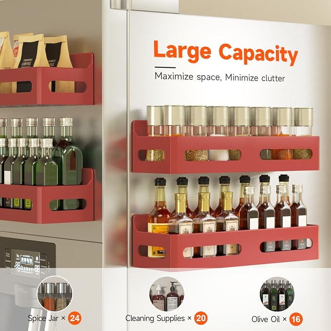 4-Pack Magnetic Spice Rack for Refrigerator with Hooks, Red | Strong multipurpose magnetic shelf for kitchen & bathroom organization. Includes 4 removable hooks for hanging items. - Image 4