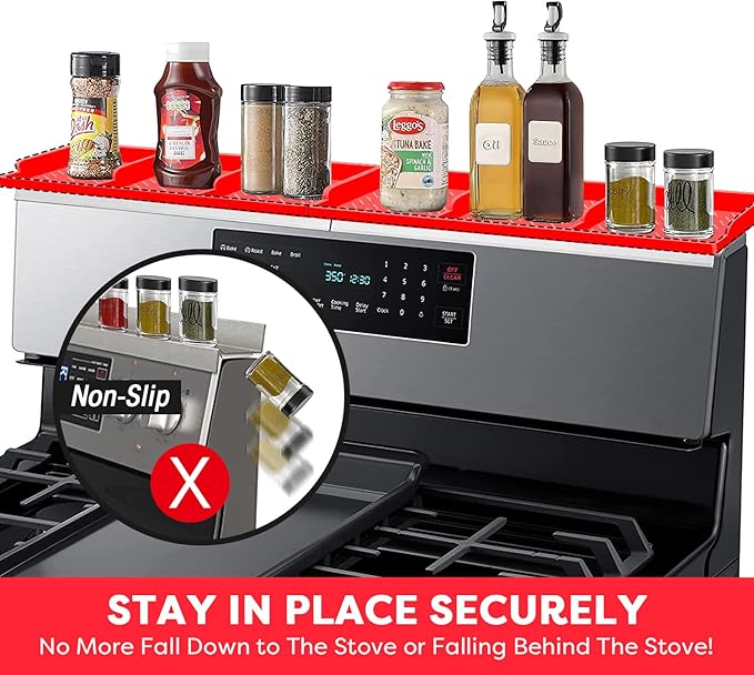 Stove Top for Shelf Silicone,30 Inch Magnetic Over the Stove Spice Rack of Shelf,Kitchen Shelf for Stove Organizer Magnet Above Stovetop Flat Back of Stove Storage Suctioned Shelf for The Stove-Red - Image 6