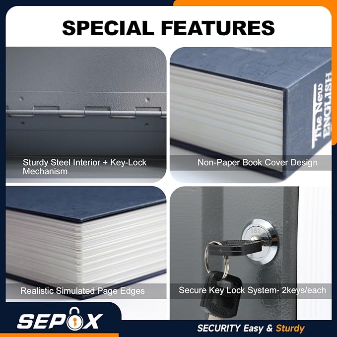 SEPOX® Book Safe with Key Lock Real Paper Cover Steel Interior Diversion | For Dorm Home. Hidden Compartment Book Safe. Hides Cash Valuables in Plain Sight. Realistic Discreet Design with Key Secure - Image 4