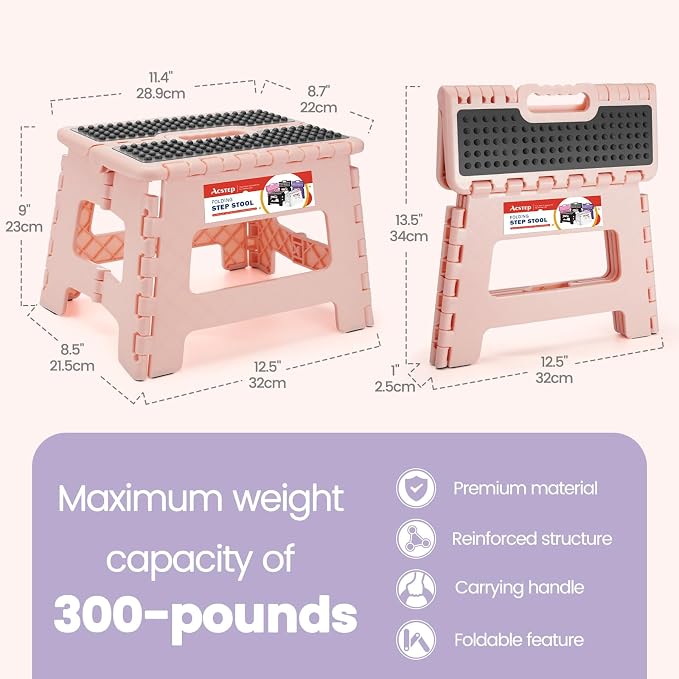 9 Inch Folding Step Stool 300 LB Capacity Non Slip Foot Stool with Handle Plastic Foldable Step Stools for Kids Stepping Stool for Bathroom Black Small Step Stool (1 PC Pink) | Heavy Duty Foldable Stools, Lightweight, Holds 300 lb, for Toddler Kitchen ... - Image 4