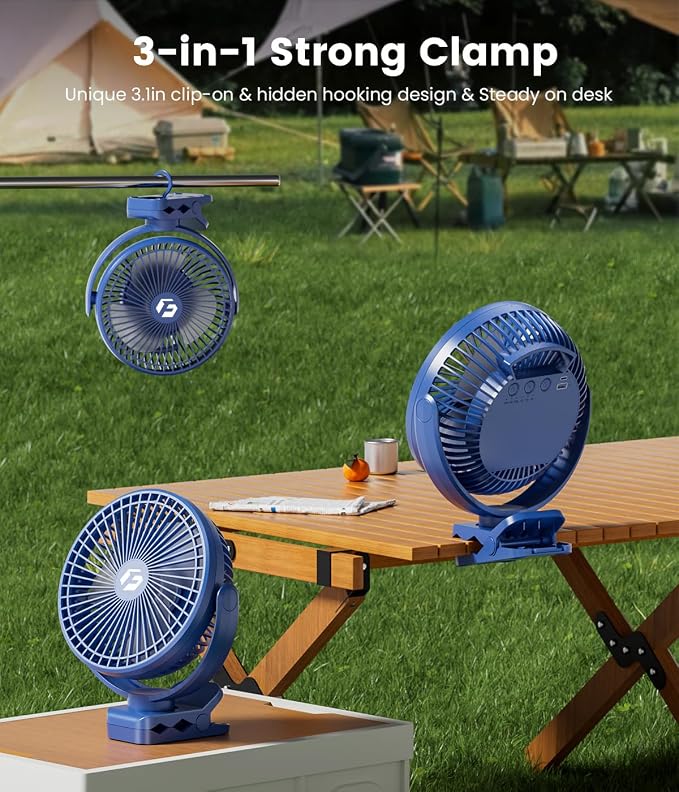 8" Clip on Fan, 20000mAh Rechargeable Fan Battery Portable, Strong Airflow | 3 Speeds, USB Fan Small Desk Fan Personal Quiet Fan for Office, Stroller, Bedroom, Camping, Gifts for Men, Blue - Image 3