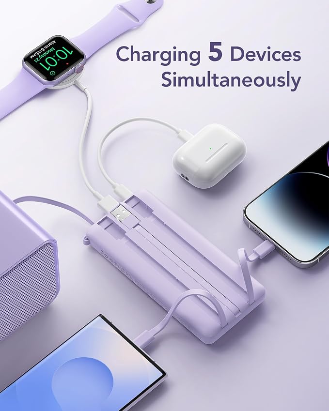 VRURC Portable Charger Power Bank, USB C Battery Pack 10000mAh, Flight-Safe Travel Essentials, 5 Outputs 2 Inputs Slim Phone Charging Bank Built-in Cables for Multi Devices-Lavender(1 Pack) - Image 5