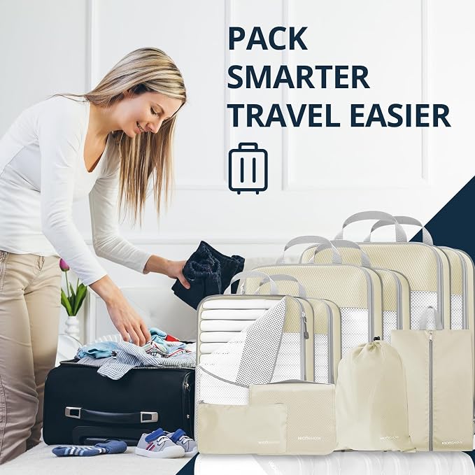 Compression Packing Cubes 10 Set, Compressible Space-Saving Packing Cubes for Travel - Compression Bags, Luggage Organizer, Travel Essentials for Women, Beige - Image 7