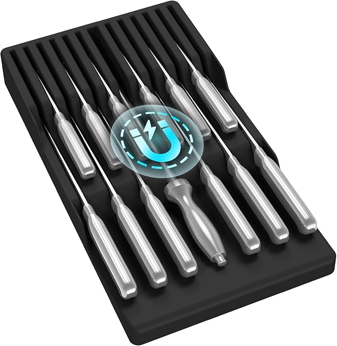 Lifewit Magnetic Drawer Knife Organizers Insert Pastic for 12 Knives, Black | Kitchen Plastic In Drawer Knife Block Slots, Steak Chefs Knives Holder Storage for 12 Knives and 1 Sharpening Steel 16.5" by Lifewit