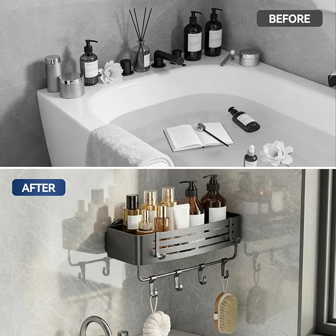 Rectangle Shower Caddy Suction Cup, Gray (2 Pack) | Rustproof aluminum shelf with towel bar & hooks. No-drill suction mount. Removable bathroom storage - Image 7