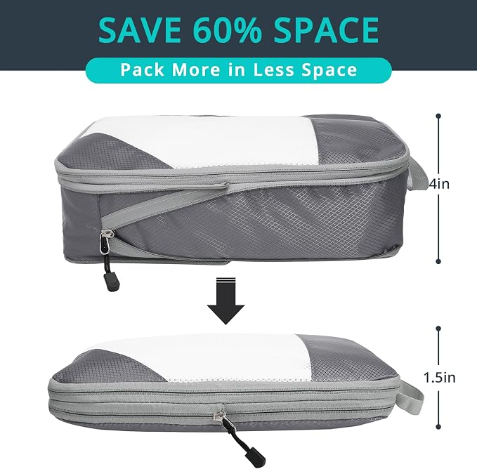 6 Set Compression Packing Cubes for Travel - Compressible, Lightweight, and Space-Saving Packing Cubes, Travel Essentials for Women, Grey - Image 2