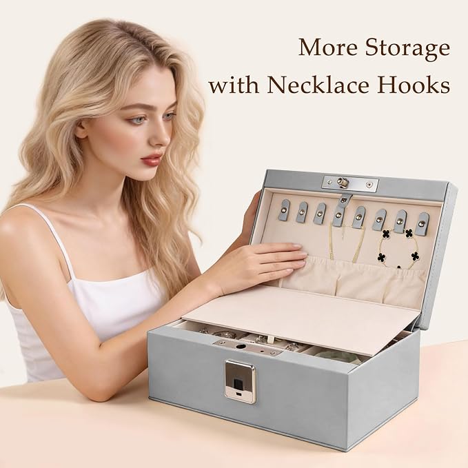 Jewelry Safe, Biometric Fingerprint Safe, Leather Wrapped Jewelry Box with Lock & Mirror, Ultra-Lightweight Jewelry Box Suitable for Home Use & On-the-Go(Three-Tier Gray) - Image 5